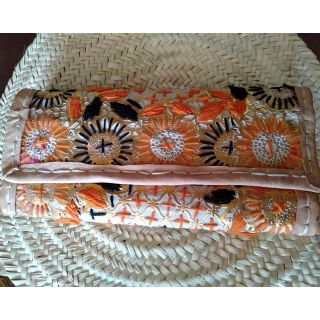 Moroccan Embroidered Straw Clutch - Orange/Black/White