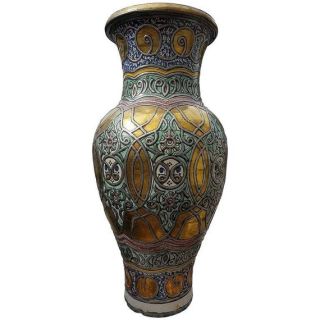 Handmade Moroccan Clay Vase with Brass Carvings