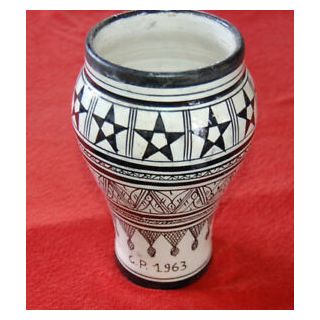 Vintage Moroccan Hand-Painted Black and White Pottery Vase