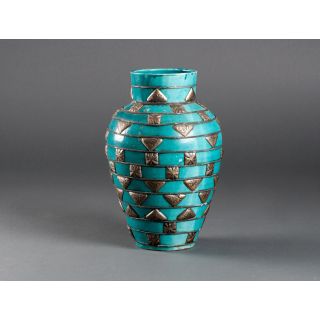 Sky Blue Moroccan Vase TAHANNOUT - Handmade Silver Diamond Patterns