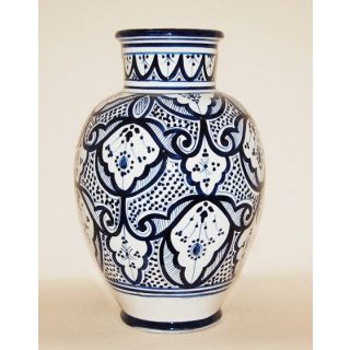 Vintage Moroccan Blue and White Majolica Pottery Vase with Brass Filigree Accents