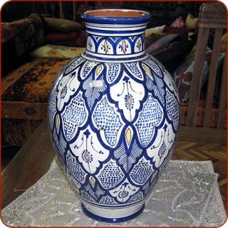 Vintage Moroccan Blue & White Hand-painted Vase with Brass Filigree