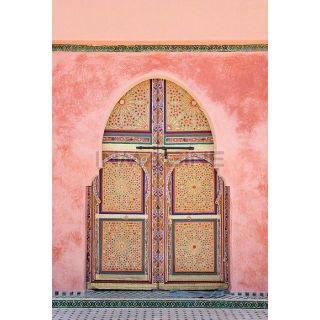Hand-Painted Moroccan Wood Double Doors for Elegant Home Décor