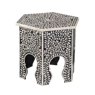 "Hand-Carved Moroccan Wood Table - Geometric Design and Premium Wood"