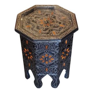 Moroccan Octagonal Wood Table - Hand-Carved