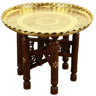 Moroccan Handmade Wood Table with Brass Details