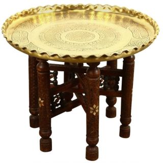 Moroccan Brass Table Tray on Wooden Legs