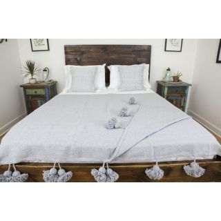 Luxurious Grey Pom Pom Moroccan Wool Blanket - Handcrafted Elegance & Comfort