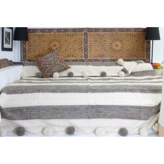 Handcrafted Grey and Beige Moroccan Pom Pom Wool Blanket
