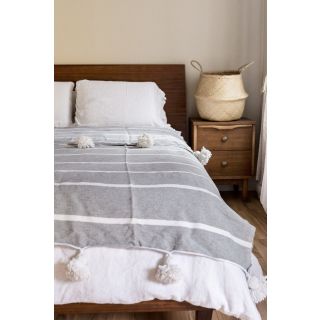 Moroccan Pom Pom Blanket in Grey and White - Hand-Woven Wool Blanket