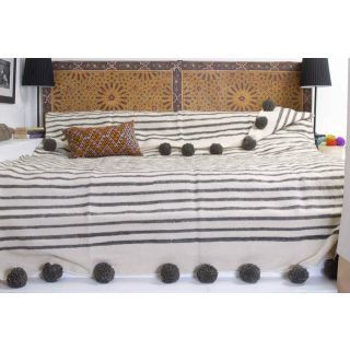 Moroccan Wool Pom Pom Blanket - Handmade 100% Wool with Red Pom Poms