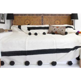 Handwoven Moroccan Cotton Blanket with Red Pom Poms