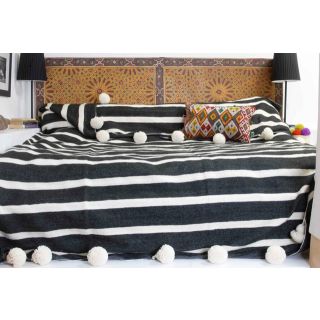 Striped Black and White Pom Pom Moroccan Blanket in Handwoven Cotton