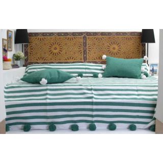 Moroccan Pom Pom Blanket with Green and White Stripes