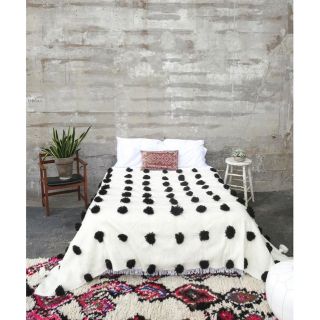 Handwoven Moroccan Wool Blanket with Black Pom Poms