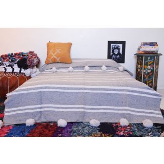 Luxurious Cotton Moroccan Pom Pom Blanket - White/Grey Striped