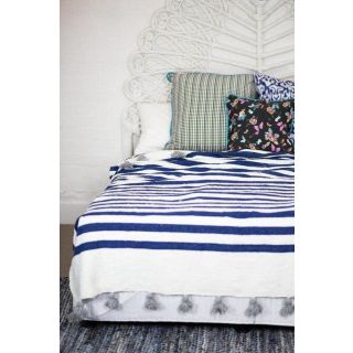 Blue Striped Moroccan Pom Pom Blanket - Handcrafted Wool Blanket