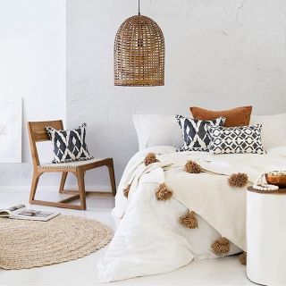 Luxurious Off-White Moroccan Pom Pom Blanket - Handcrafted Wool Blanket with Brown Pom Poms