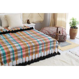 Moroccan Pom Pom Blanket - Handcrafted Coloured Plaid Design