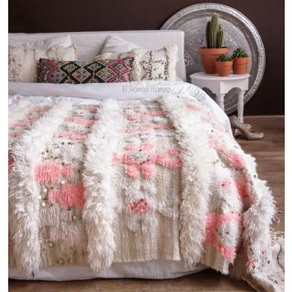 Ivory and Pink Moroccan Wedding Blanket - Handmade Wool Throw
