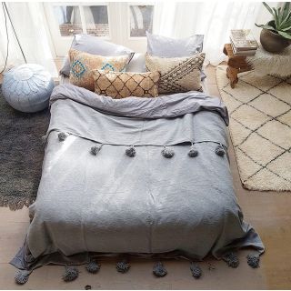 Handmade Grey Moroccan Pom Pom Blanket - 100% Cotton