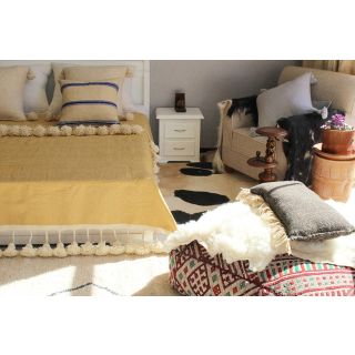 Mustard Moroccan Pom Pom Blanket - Handcrafted Cotton Throw