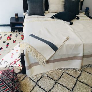 Moroccan Cotton Pom Pom Blanket in Beige