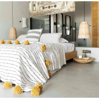 Handmade Moroccan Pom Pom Blanket with Mustard Poms - Cozy Wool Throw