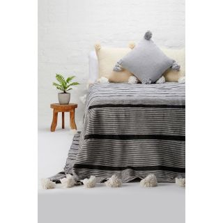Handwoven Black and Grey Moroccan Pom Pom Blanket