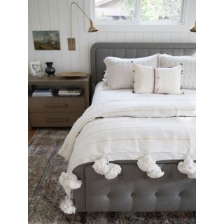 Moroccan White Pom Pom Cotton Blanket