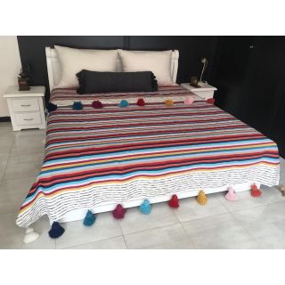 Colored Striped Moroccan Pom Pom Blanket - Handcrafted Wool Blanket