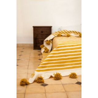 Luxurious Mustard Striped Moroccan Pom Pom Blanket - Premium Wool Blanket with Mustard Pom Poms