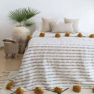 Moroccan Wool Blanket | Handmade Striped Design with Mustard Pom Poms