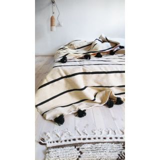 Handwoven Moroccan Wool Pom Pom Blanket in Beige and Black