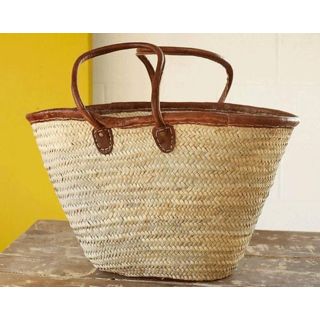 Handmade Moroccan French Market Basket with Brown Leather Straps