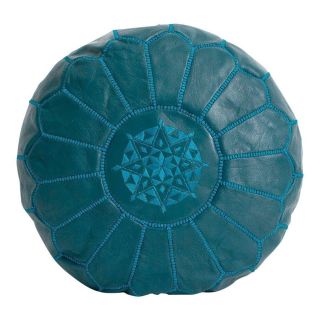Flower Embroidered Genuine Leather Moroccan Pouf in Teal