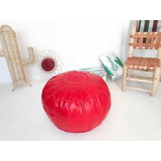 Moroccan Leather Pouf - Handmade Genuine Red Seating