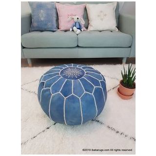 Handmade Blue Embroidered Leather Poufs - Stylish & Cozy Seating