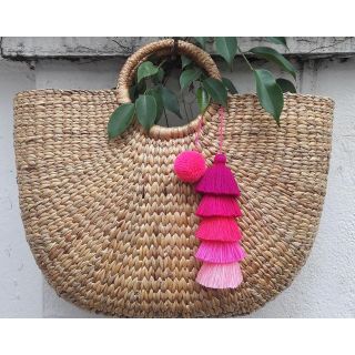 Eco-Friendly Moroccan Pom Pom Basket with Pink Pom Pom String