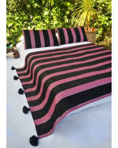 Pink and Black Striped Pom Pom Wool Blanket | Moroccan Luxury