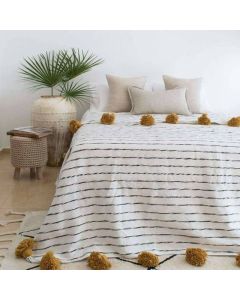 Moroccan Wool Blanket | Handmade Striped Design with Mustard Pom Poms