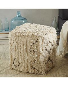 Moroccan Cotton Square Pouf with Fringed Edges and Stylish Sequins