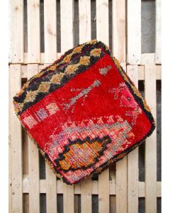 Moroccan Handmade Ikat Wool Pouf - Red Navy Neutral