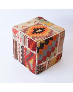 Vibrant Moroccan Wool Carpet Poufs - Handmade Southwestern Ikat Design