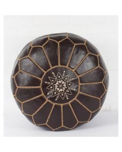Moroccan Embroidered Leather Pouf - Dark Brown Luxurious Seating
