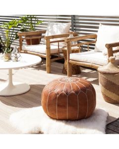 Moroccan Leather Pouf - Tan Embroidered Cozy Seating