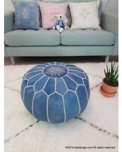 Handmade Blue Embroidered Leather Poufs - Stylish & Cozy Seating