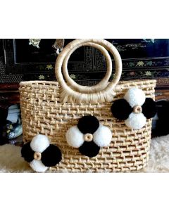 Moroccan Flower Pom Pom Basket - Handmade Eco-Friendly Storage & Beach Tote