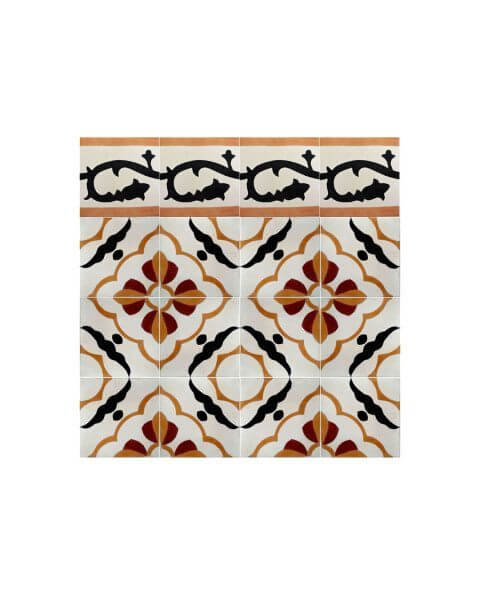 Moroccan Floral Border Tiles Red, Parchment White & Black