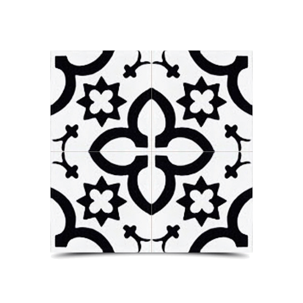 Moroccan Cement Tile in White & Black Floral Pattern - High-Quality Handmade Design